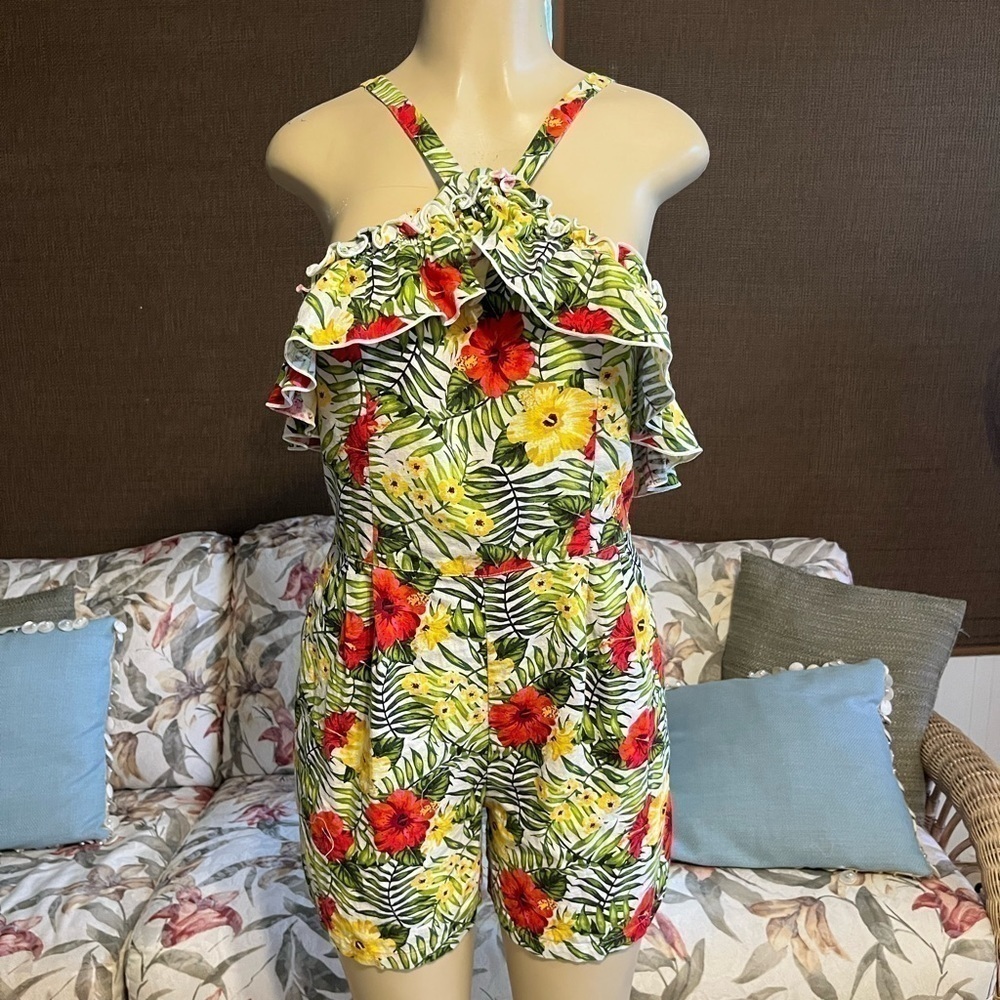 XOXO Womens Green Floral Off The Shoulder Ruffle Halter Romper Juniors L - Picture 4 of 12